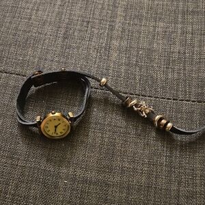 Men's Black Leather Wrap Watch Bracelet with Gold-Tone Dial